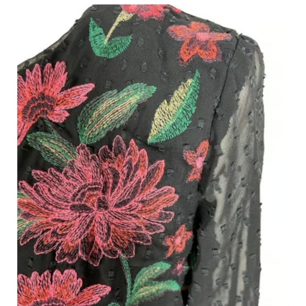 American Eagle Outfitters Black Swiss Dot Floral Embroidered Peplum Top - Picture 4 of 15